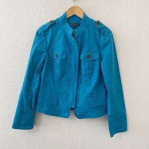 Lafayette 148 Blazer Jacket Size 8 Teal Blue Zip Up Long Sleeves